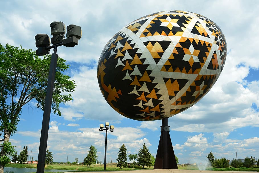 world's largest pysanka egg, easter egg, vegreville, alberta, canada, design, sky, tree, nature, cloud - sky