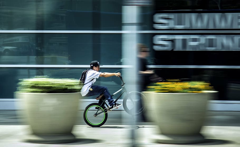 man, playing, tricks, bicycle, people, exhibition, bike, street, fast, blurred motion