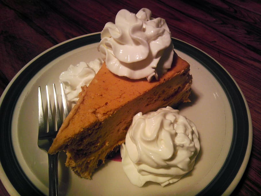 sliced, cake, served, white, plate, pumpkin, cheesecake, whipped cream, dessert, sweet