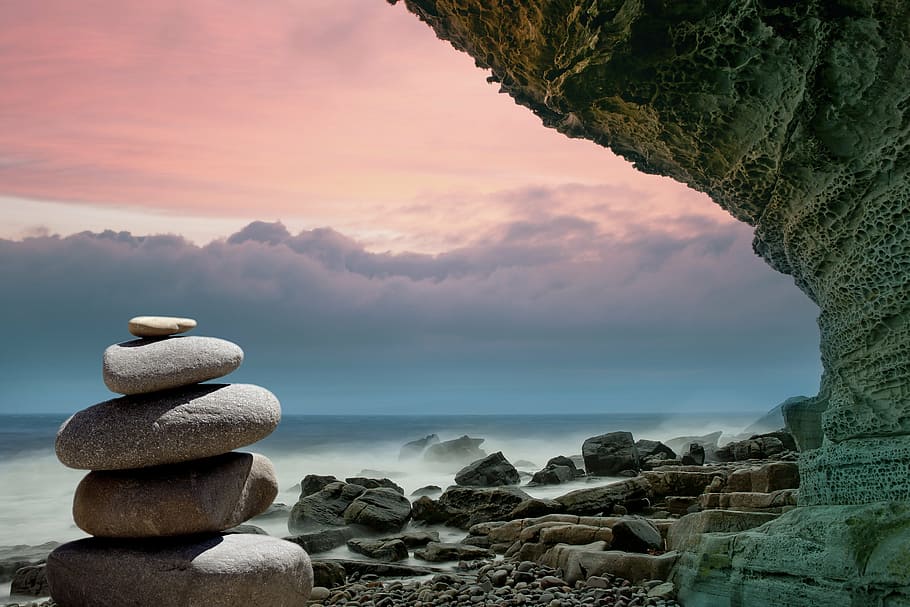 pedra zen, formação rochosa, costa, dia, feng shui, pedras, espiritualidade, meditação, zen, ásia