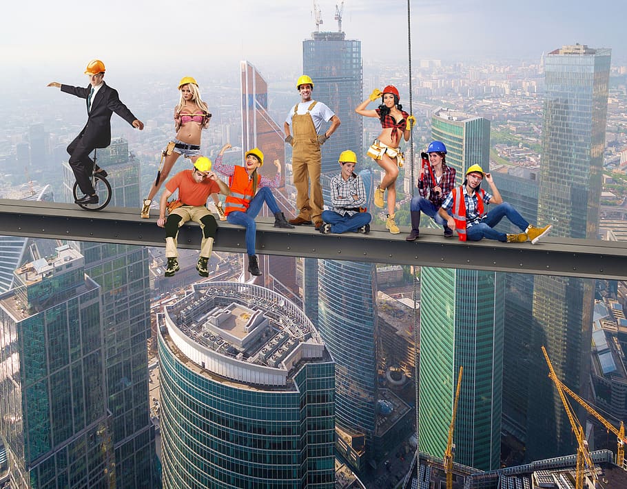 Skyworkers, trabalhando, construção, trabalho, construir, Cidade de Moscou, construtores, equipe, guindaste, pessoas