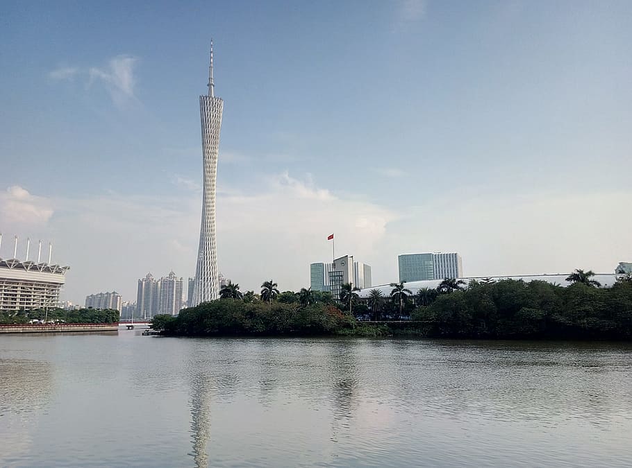 Canton Tower, Pearl River, canton, reflection, day, sky, architecture, skyscraper, building exterior, built structure