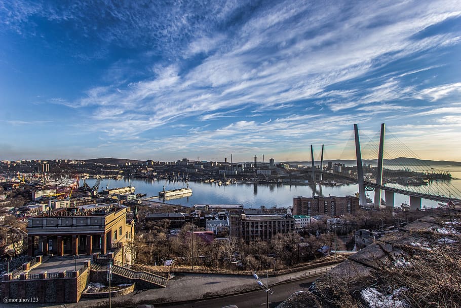 aerial, photography, buildings, body, water, Funicular, Cable-Stayed Bridge, bridge, bay, city