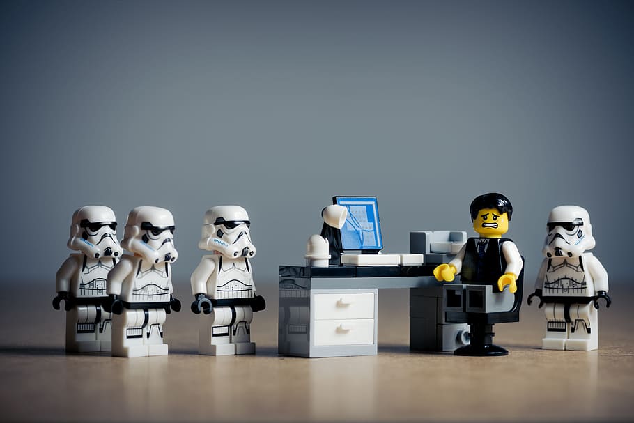 star, wars, stormtrooper, lego, minifigs, office, people, situation, accused, accusing