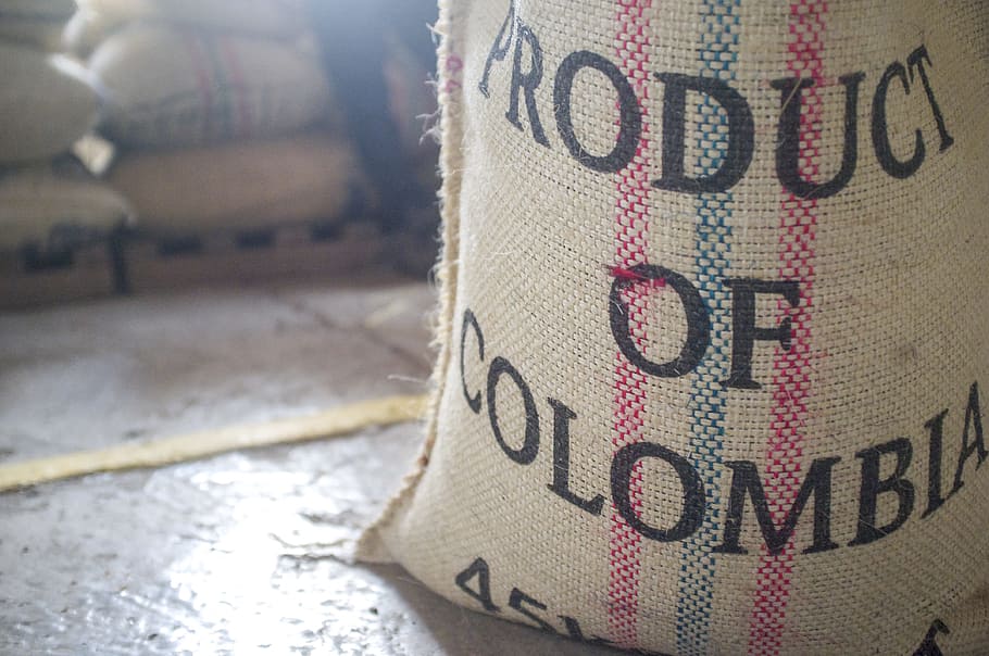 gray, pink, blue, product, columbia-printed sack, coffee, beans, sack, burlap, colombia
