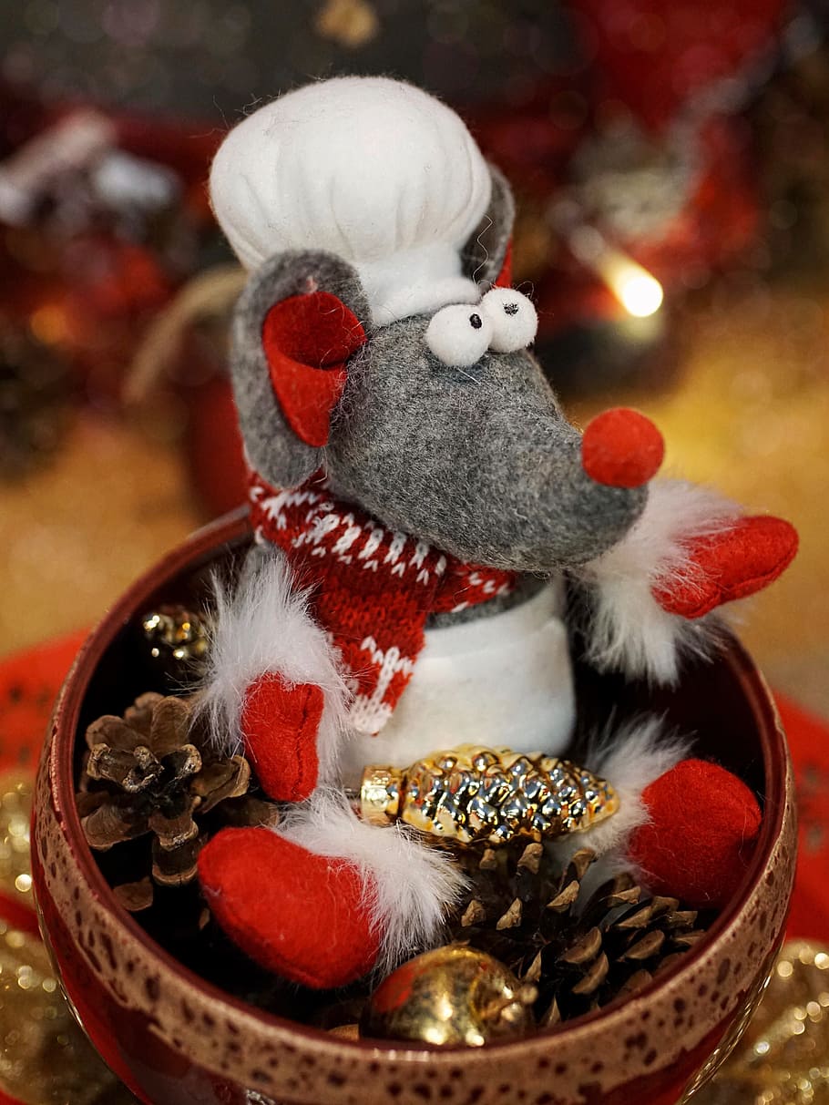 selective, focus photo, rat, plush, toy, inside, vase, mouse, advent, christmas decoration