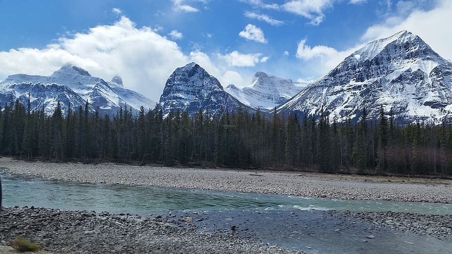 Mountains, River, Nature, Landscape, summer, scenic, icefields, parkway, alberta, canada