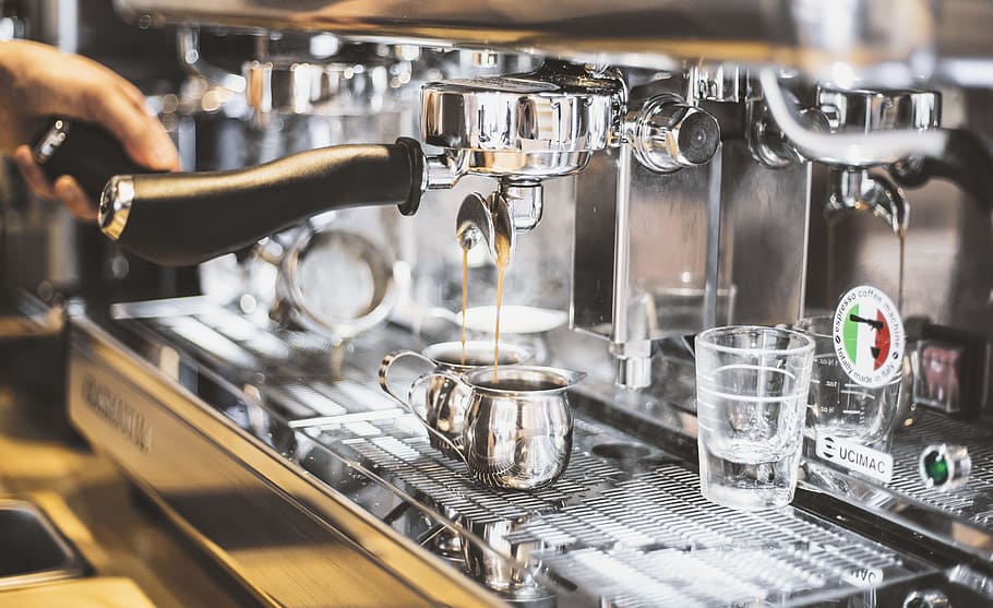 person, using, silver espresso maker, coffee, americano, coffee machines, coffee maker, food and drink, appliance, machinery