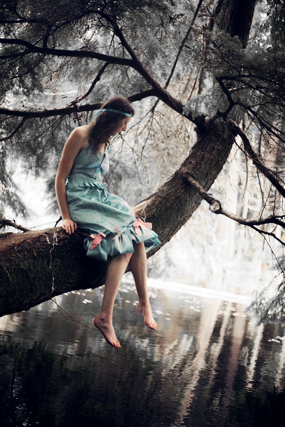 girl, 1920s, vintage, woods, forest, pond, tree, sitting, tree climbing, dress