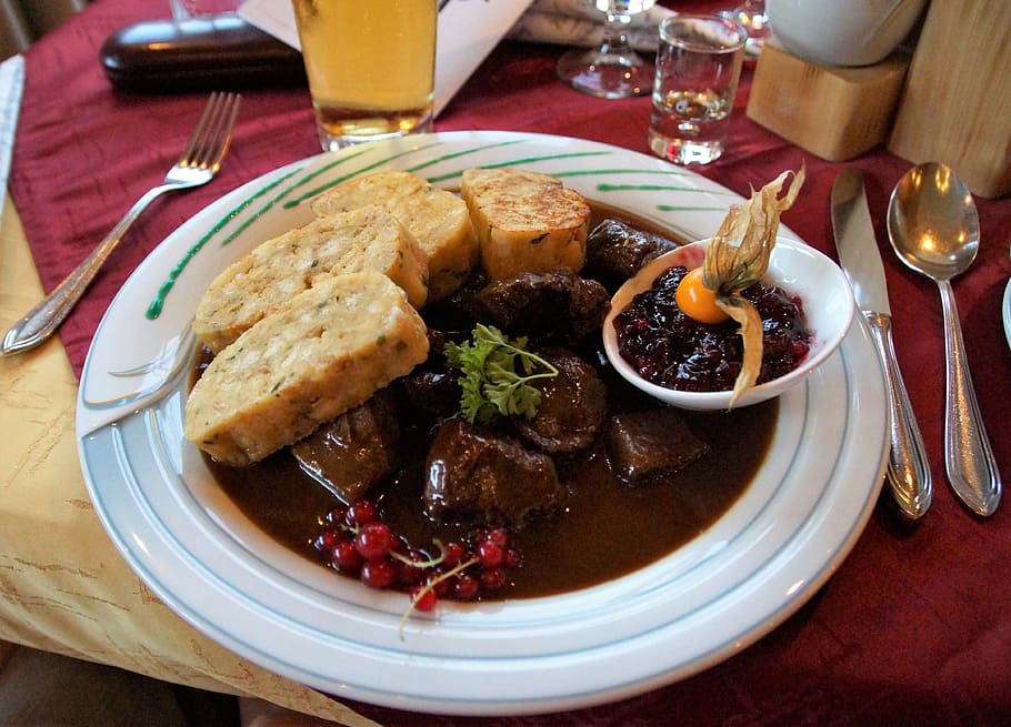 deer stew, specialty, traditional food, the austrian, dumplings, sauce, restaurant, dish, tasty, kitchen