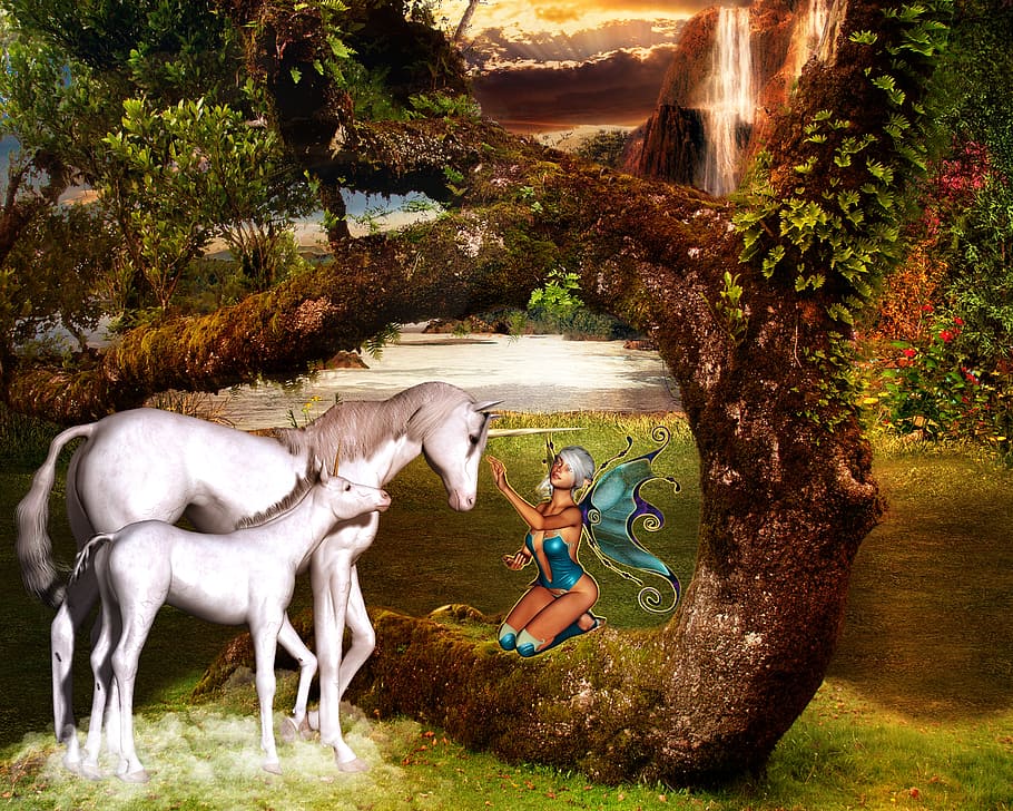 wanita, biru, sayap, memegang, wajah, putih, ilustrasi kuda, fantasi, unicorn, biaya