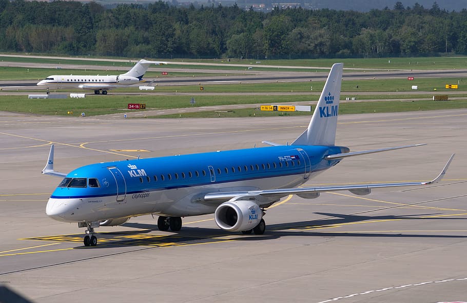 azul, blanco, avión de pasajeros klm, durante el día, avión, Embraer 190, Klm, aeropuerto, zurich, zrh