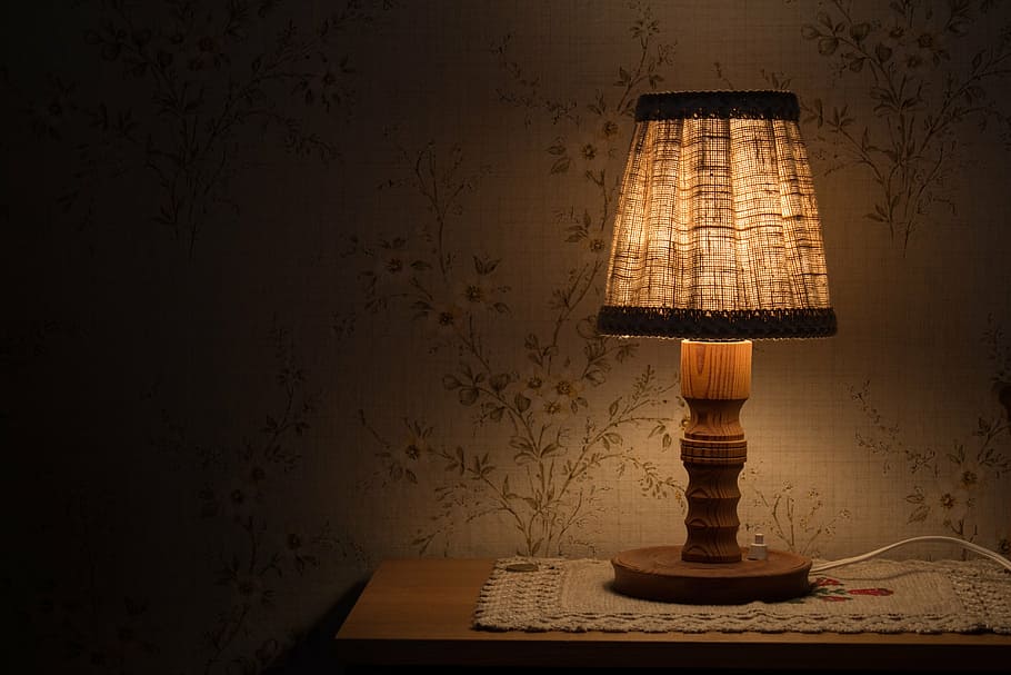 brown, table lamp, turned, night table lamp, light, bedside table, lighting, electric light, rays, warm white