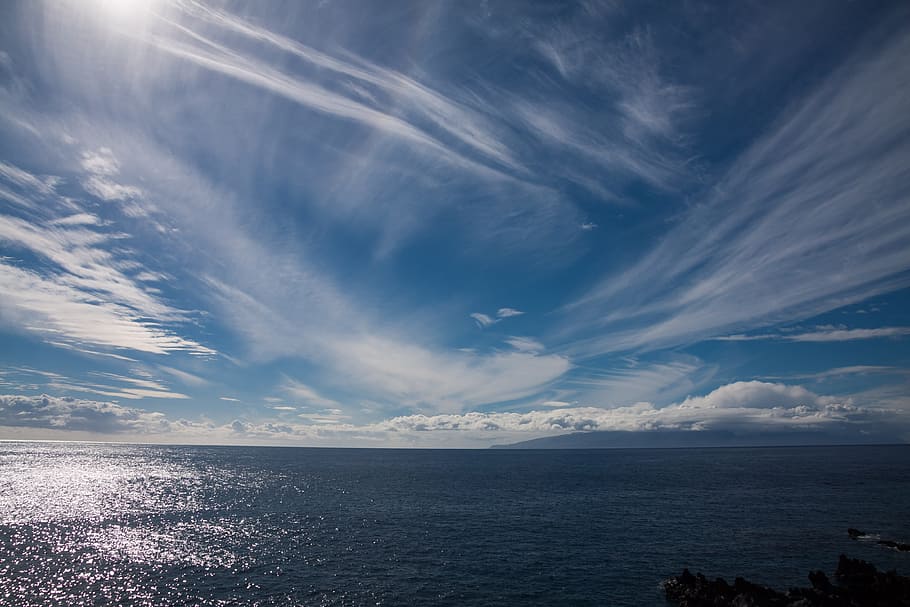 ocean, white, blue, sky, sea, sun, clouds, mirroring, mood, refraction