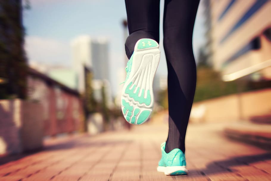 woman jogging, blue, white, shoes, woman, in blue, white shoes, jogging, running, exercising