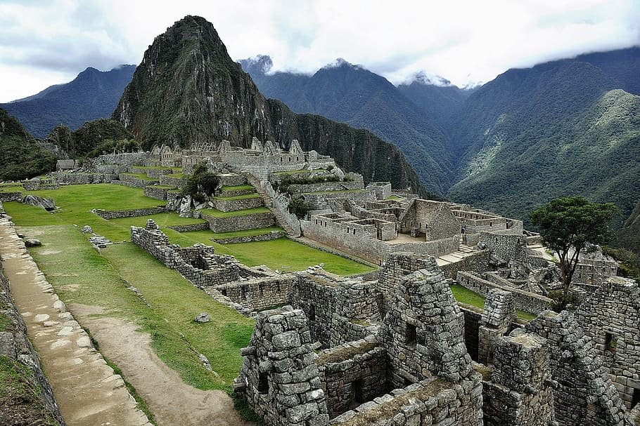 abu-abu, beton, dinding, bangunan, hijau, gunung, siang hari, peru, incan, machu Picchu