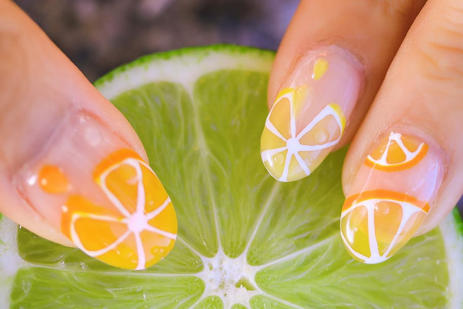 woman, orange, fruit nail art, orange fruit, nail art, lemon, citrus Fruit, food, fruit, slice