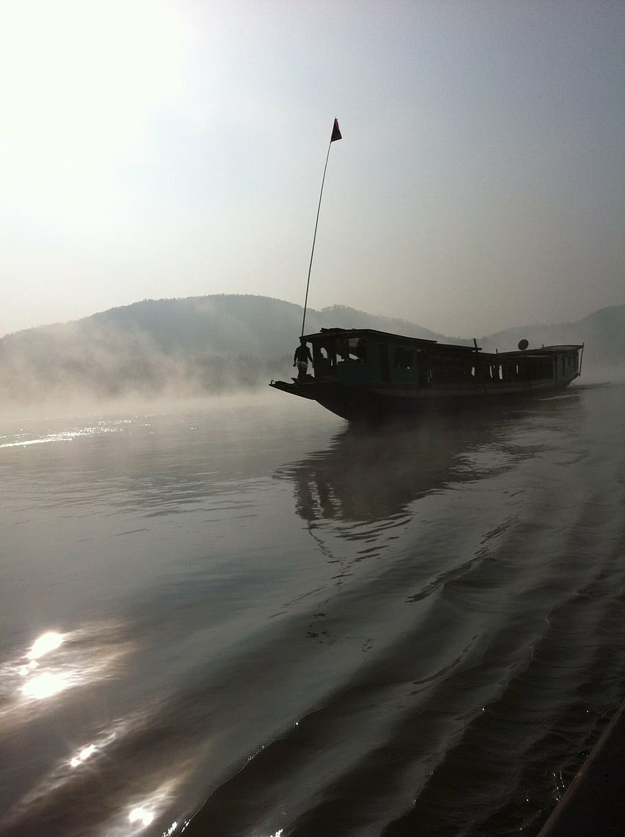 sungai mekong, kabut, sepatu bot, morgenstimmung, atmosfer, air, langit, kapal laut, scenics - alam, pemandangan yang tenang