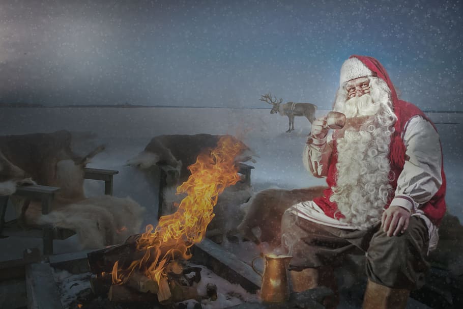 santa claus, sitting, brown, chair painting, nicholas, campfire, punch, reindeer, composing, image editing