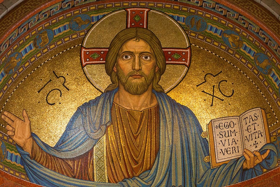 jesus christ, holding, book artwork, christ, jesus, religion, mosaic, easter, gold, maria laach