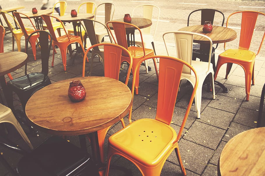 round, brown, table, two, orange, chairs, cafe, sidewalk cafe, sidewalk, city