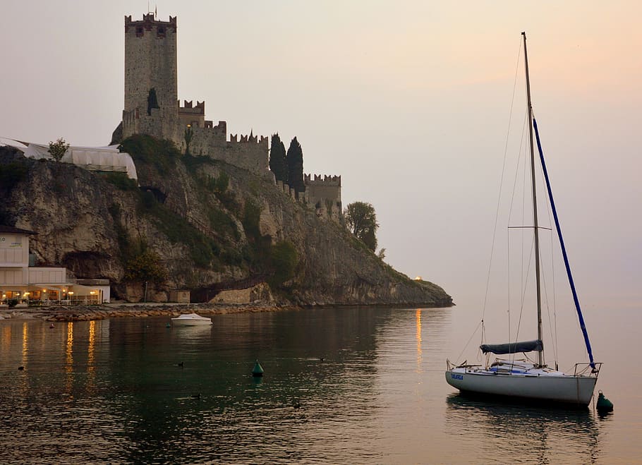 castle, malcesine, italy, lake, garda, boat, water, transportation, nautical vessel, mode of transportation