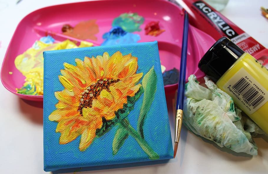 paint, canvas, sunflower, mini canvas, acrylic paint, painting, palette, color, brush, design