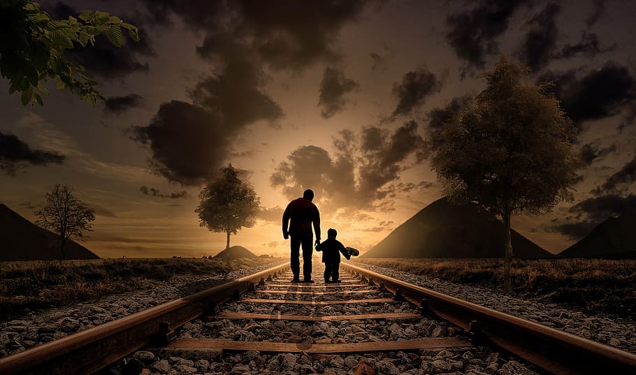 silhouette photo, two, person, walking, train rail, golden, hour, father and son, happiness, love