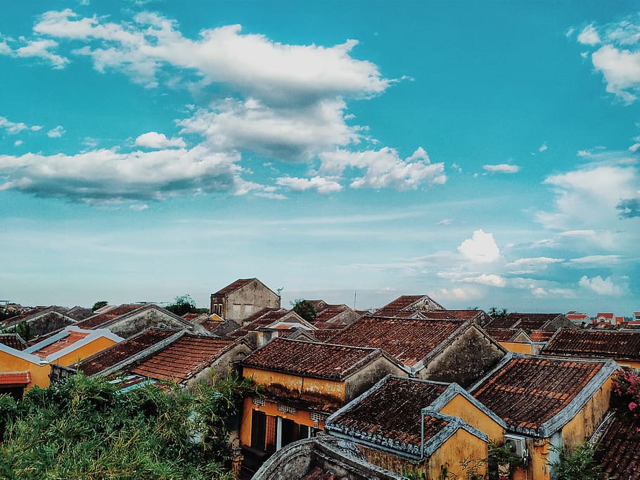 sky, cloud, horizon, old houses, old, tiled, red, yellow, townspace, high angle view
