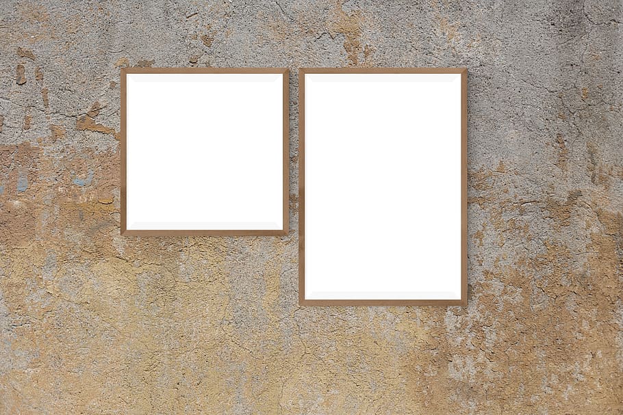 two, rectangular, square photo frames, concrete, surface, poster, mockup, wall, mock, interior
