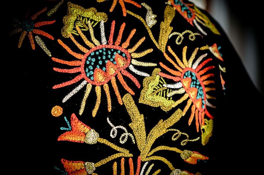 Mexico, Oaxaca, Handmade, Embroidered, dress, colorful, multi colored, black background, close-up, star - space