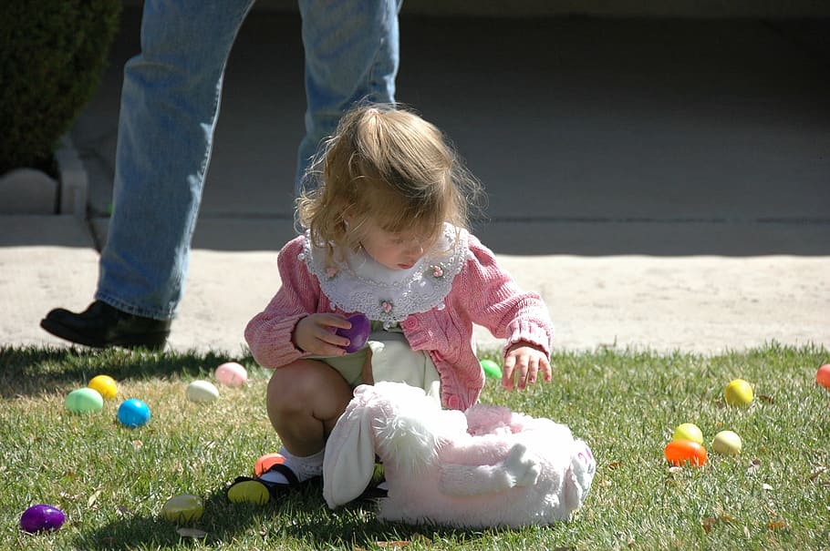 easter eggs, search, child, girl, find, young, infant, people, outdoors, cute