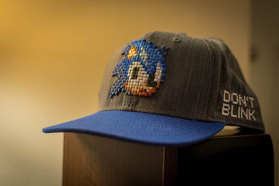 close-up photography, gray, sonic, hedgehog, fitted, cap, hat, headwear, fashion, style