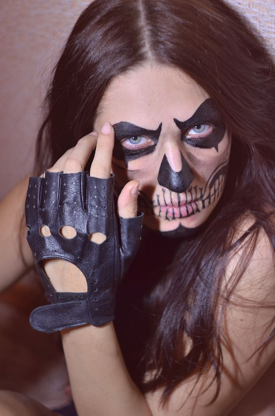 woman, skeleton makeup, black, glove, aqua make-up, photoshoot, girl, skull, drawing on the face, portrait - Pxfuel