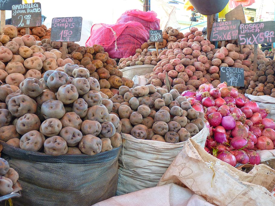 potatoes, onions, market, peru, large group of objects, food and drink, market stall, choice, food, for sale