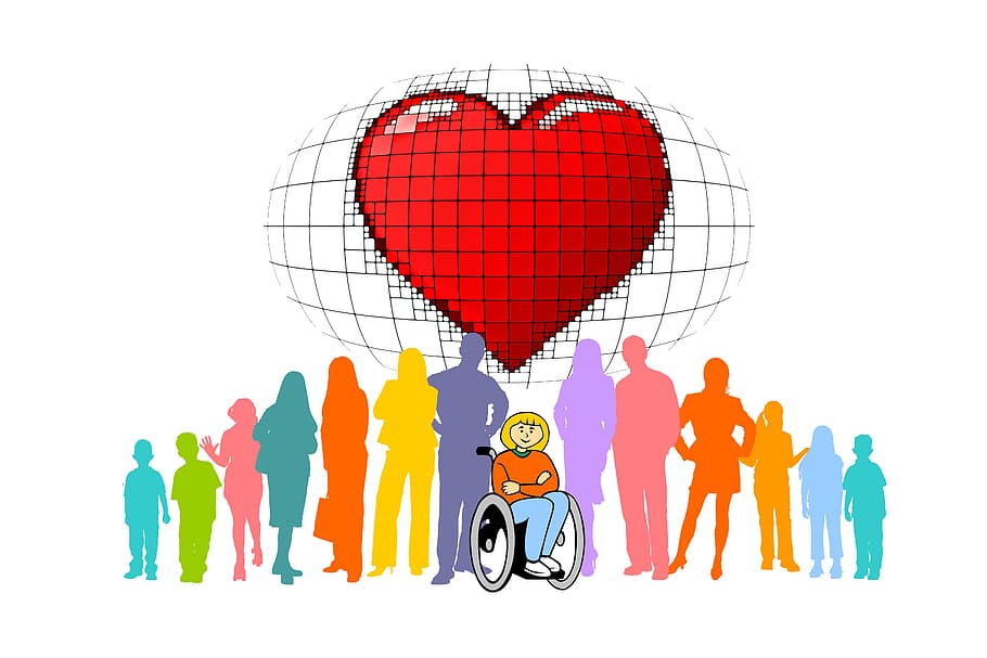 silhouette of people, inclusion, group, wheelchair, wheelchair users, handicap, heart, disability, disadvantage, person