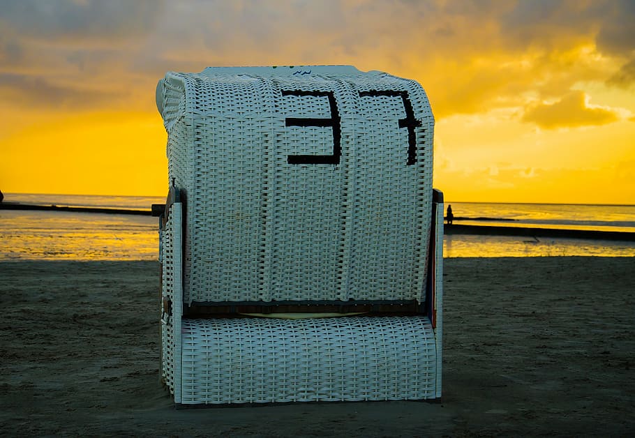 white wicker case, sunrise, sunset, beach chair, sand, beach, north sea, coast, sea, sky