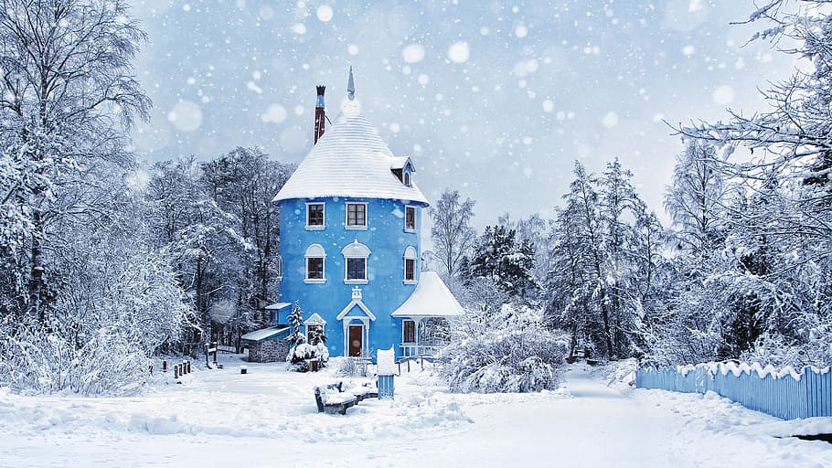 blue, house, covered, snow, white house, winter, snowing, moomin world, moomin, landscape