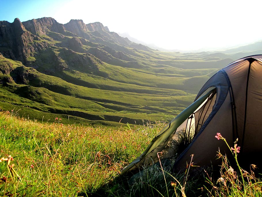 gray, green, dome tent, grass, tent, mountains, sani pass, south africa, lesotho, vista