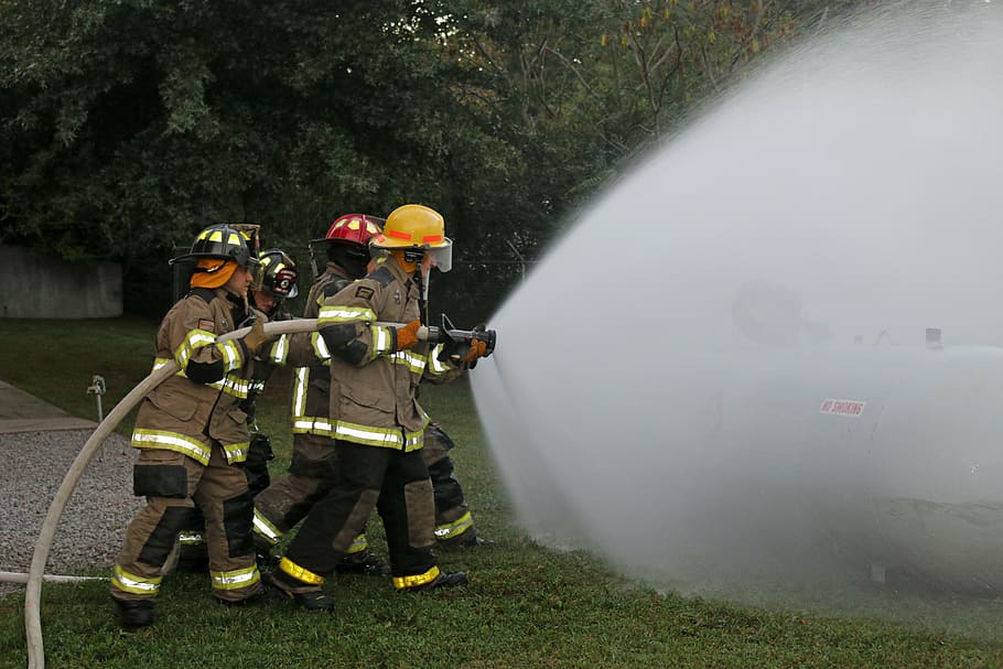 fire fighters, hose training, firefighter, training, propane tank, teamwork, drill, firefighting, spray, fireman