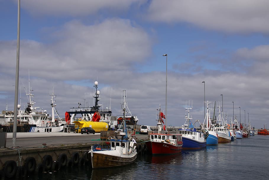 Hanstholm, Porto, Jutlândia, Dinamarca, pesca, barcos, navios, cais, cloudscape, thy