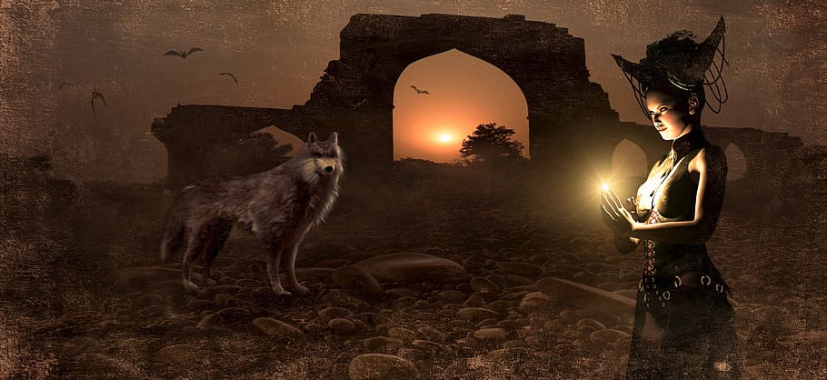 witch, standing, wolf poster, fantasy, archway, wolf, mage, conjure, sun, mood