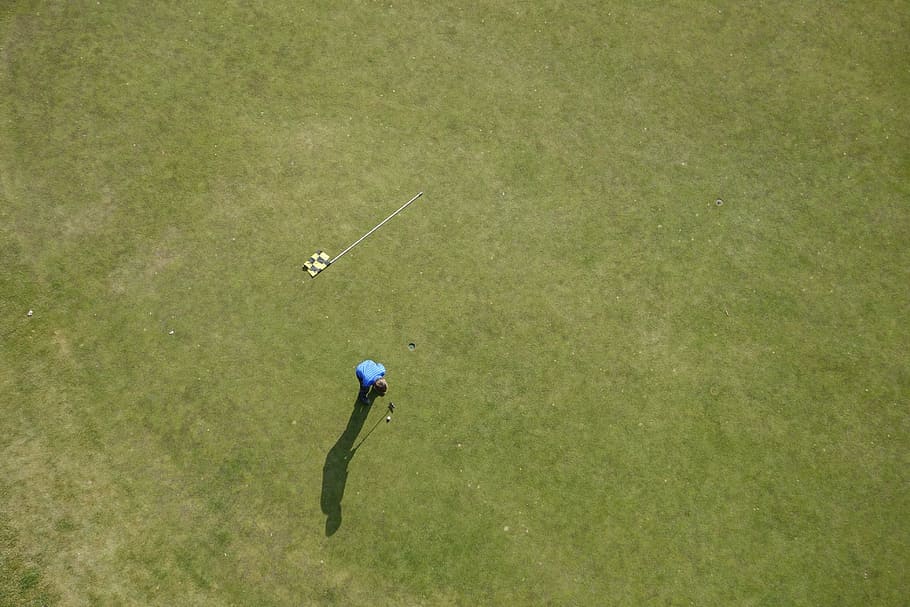 aerial, photography, person, looking, grass, athlete, ball, flag, game, golf