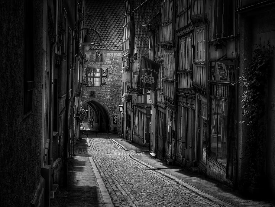black, white, painting, alley, road, town, paved, old town, black white, truss
