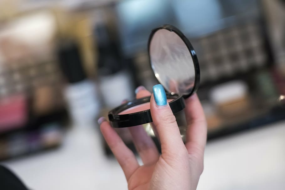 woman, holding, compact, mirror, makeup, make, make-up, color, colour, look