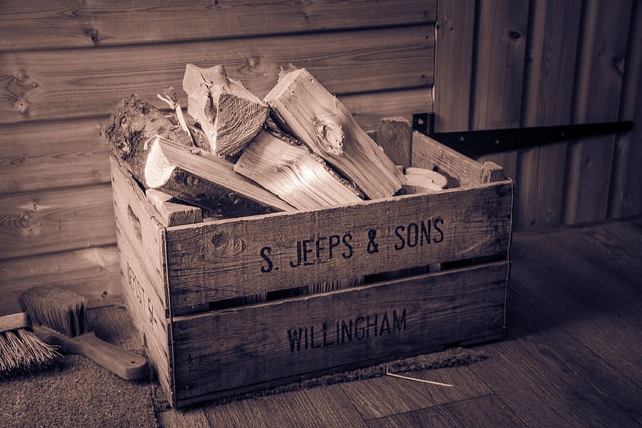 rustic, crate, wood, carry, transport, firewood, log, chopped, shed, cabin