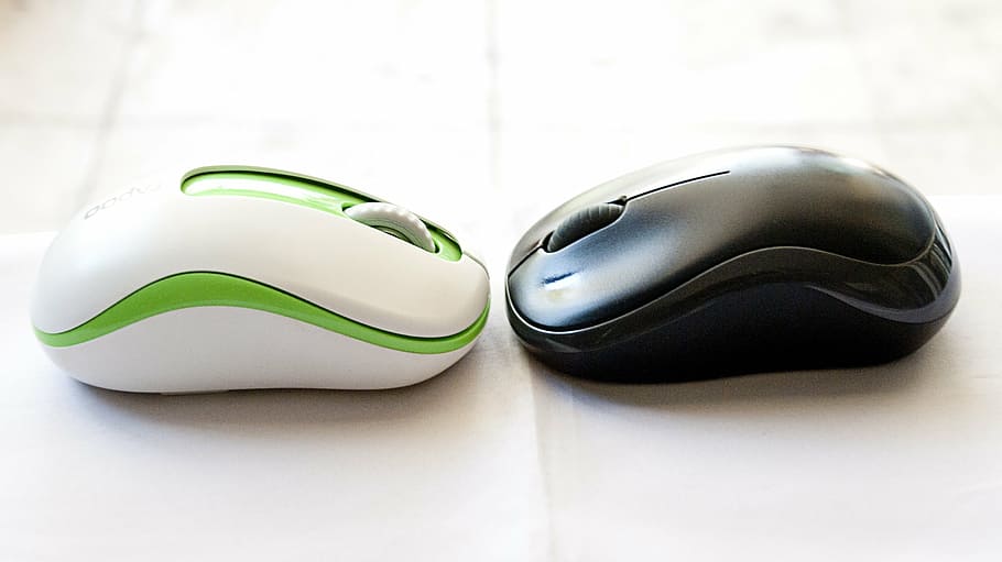 dos, negro, blanco y verde, inalámbrico, blanco, superficie, mouse, tecnología, electrónica, pc