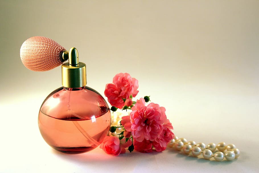 merah muda, botol kaca aroma, botol, parfum, mawar, aroma, masih hidup, botol kaca, botol parfum, flacon