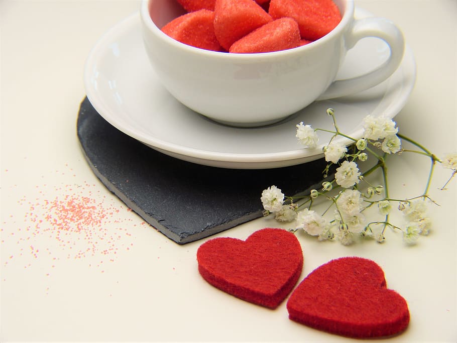 white ceramic cup, Heart, Red, Love, Valentine'S Day, red, love, romance, stone, together, luck