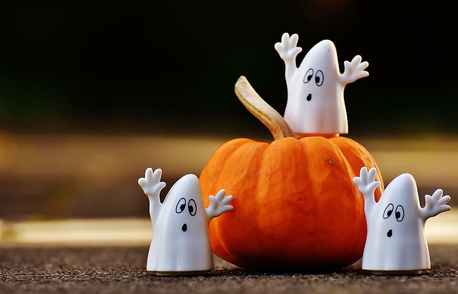 three, plastic ghost, pumpkin, halloween, ghosts, happy halloween, ghost, autumn, october, mood